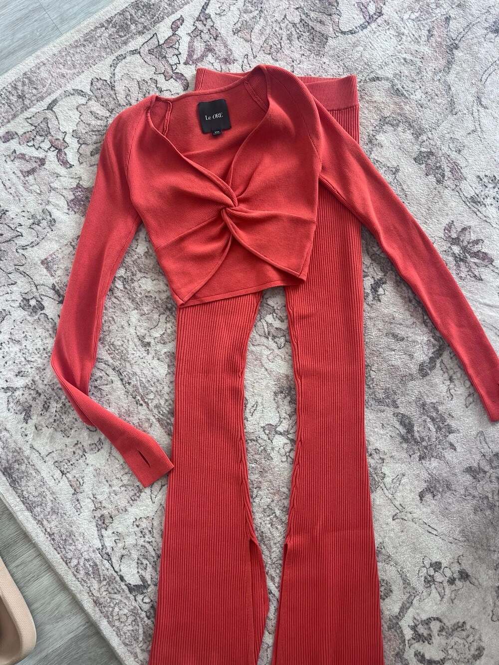 Le ORE Ribbed Knit Long Sleeve Twisted Crop Top and Flare Legging Set